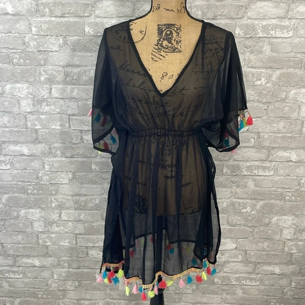 Cruise Club Black Tassel Swim Coverup